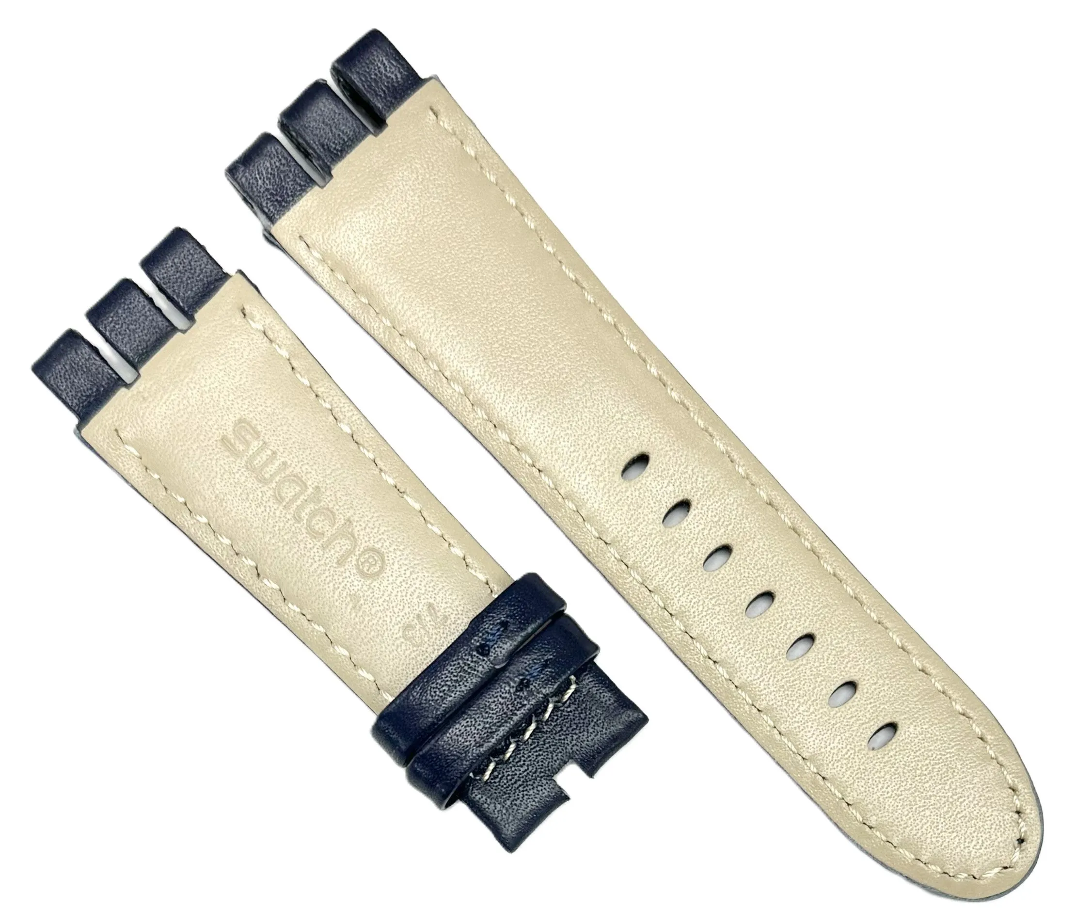 23mm Genuine Leather, Blue Plain Watch Band for SWATCH Watches, Padded & Stitched