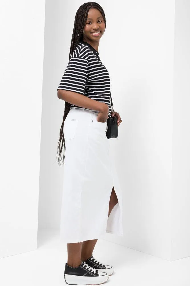 5 Pocket Denim Midi Skirt White