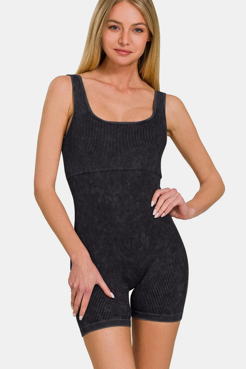 Active Duty Washed Ribbed Romper - Black