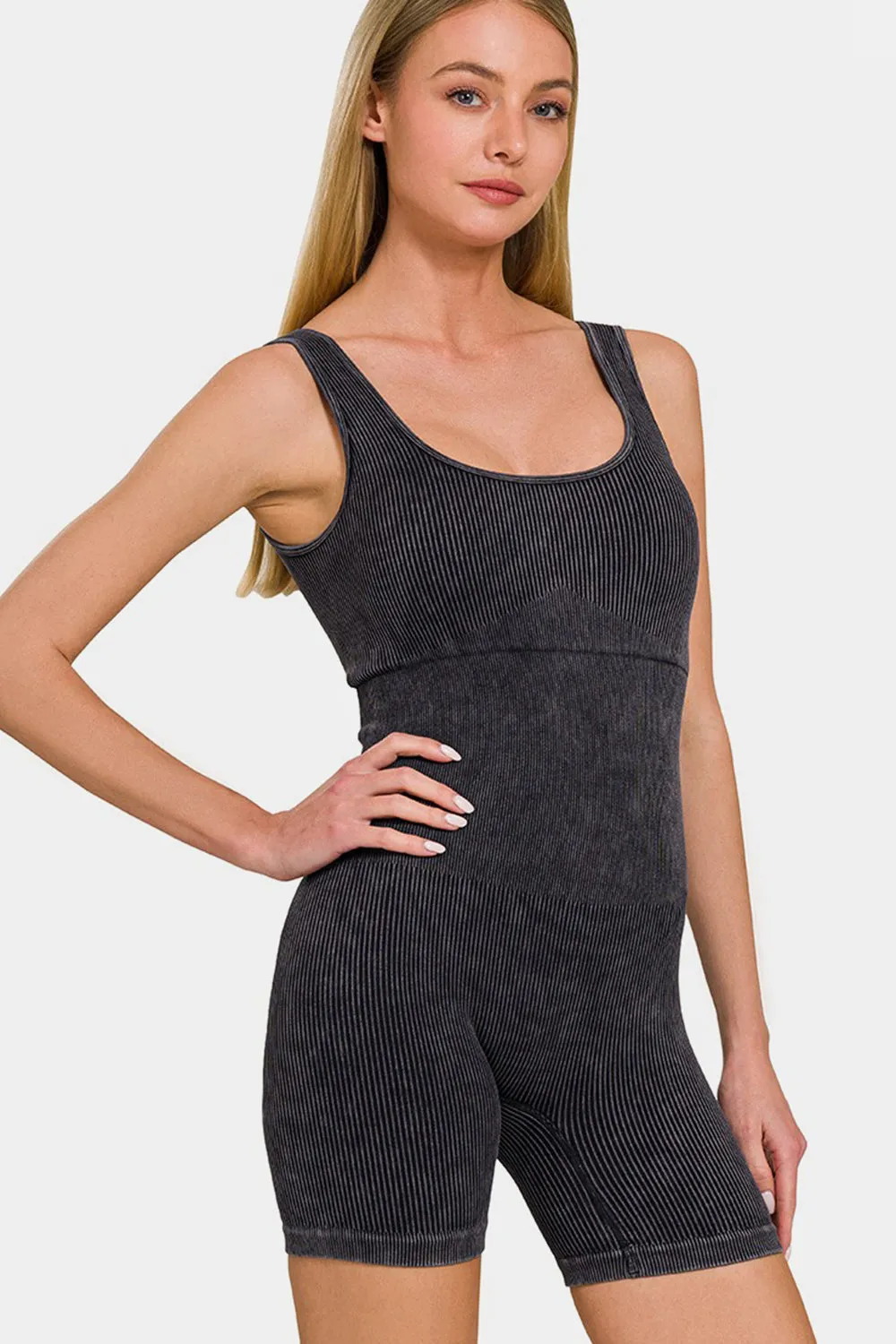 Active Duty Washed Ribbed Romper - Black