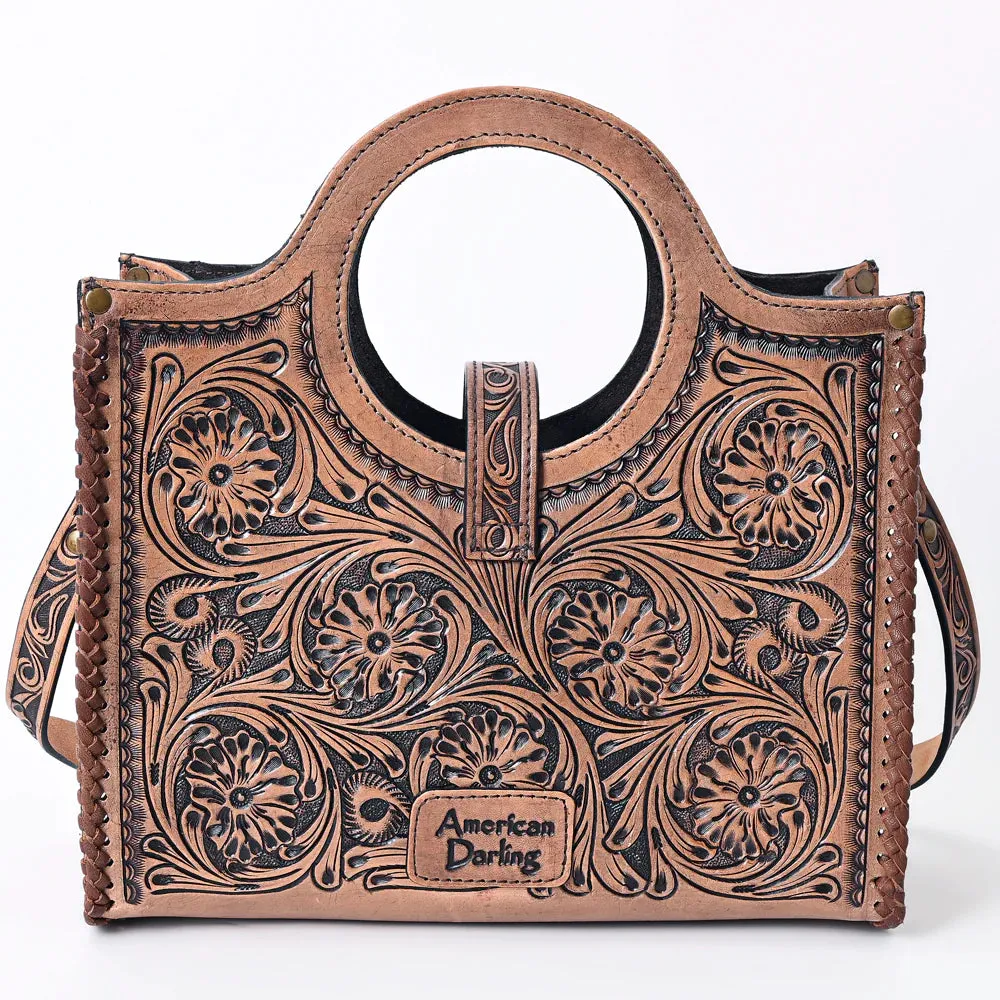 American Darling Floral Tooled Leather Buckled Tote Bag in Dark Brown