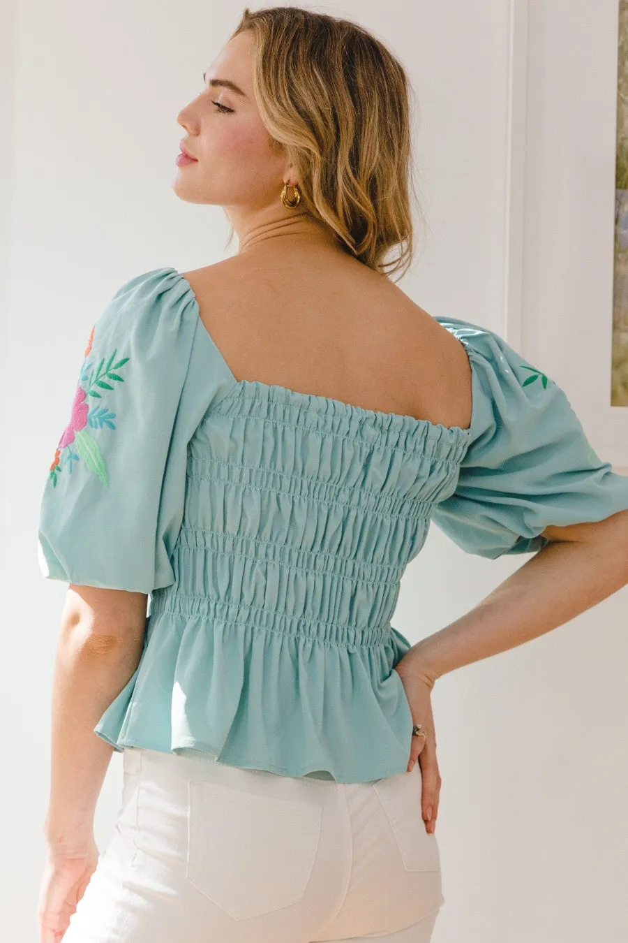 Aqua Embroidered Puff Sleeve Peplum Top