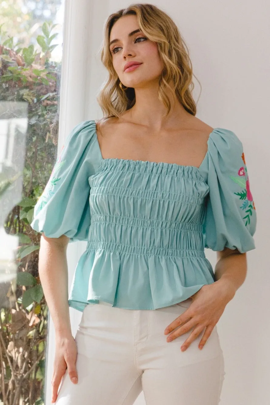 Aqua Embroidered Puff Sleeve Peplum Top