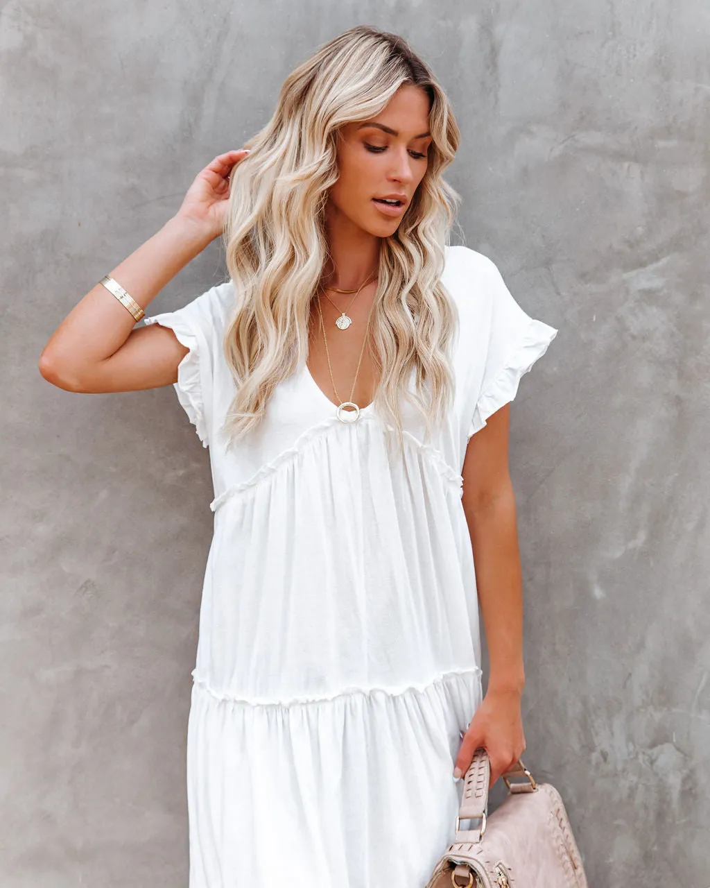 Avalon Cotton Ruffle Tiered Midi Dress - White