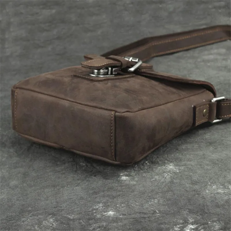 Badass Dark Brown Leather Men's 8 inches Small Side Bag Vertical Postman Messenger Bag For Men