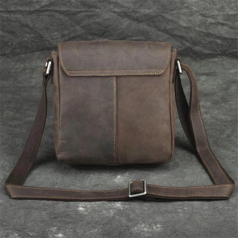 Badass Dark Brown Leather Men's 8 inches Small Side Bag Vertical Postman Messenger Bag For Men