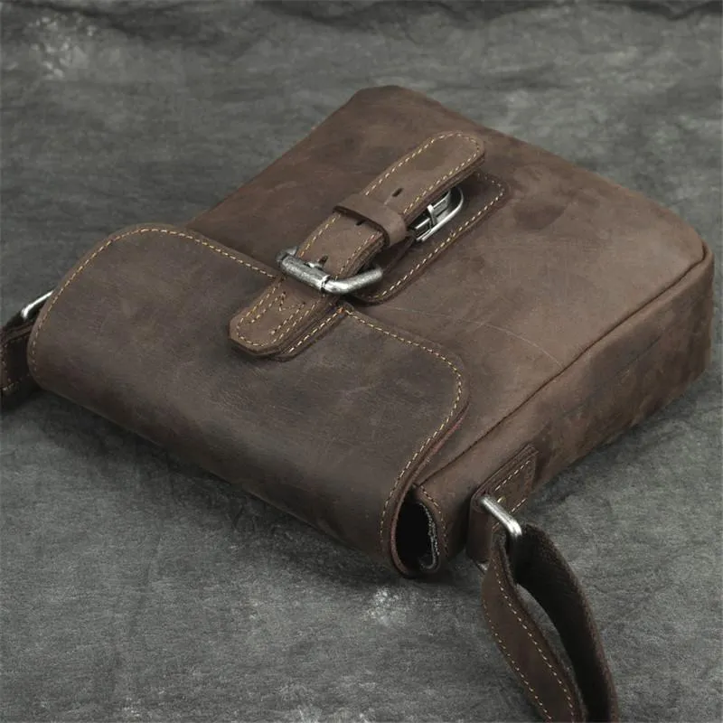 Badass Dark Brown Leather Men's 8 inches Small Side Bag Vertical Postman Messenger Bag For Men