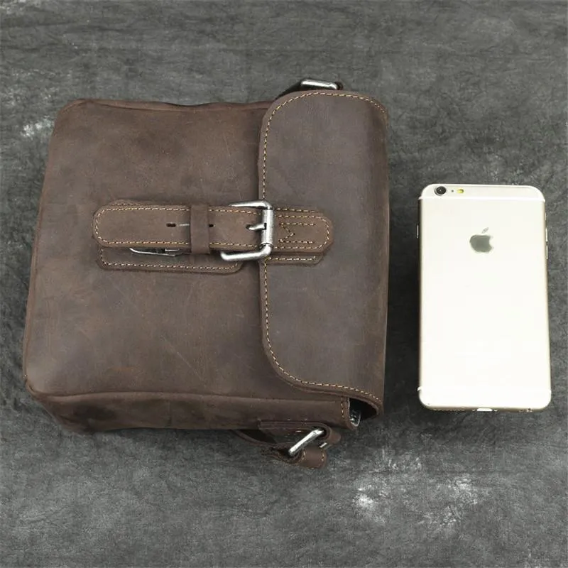 Badass Dark Brown Leather Men's 8 inches Small Side Bag Vertical Postman Messenger Bag For Men