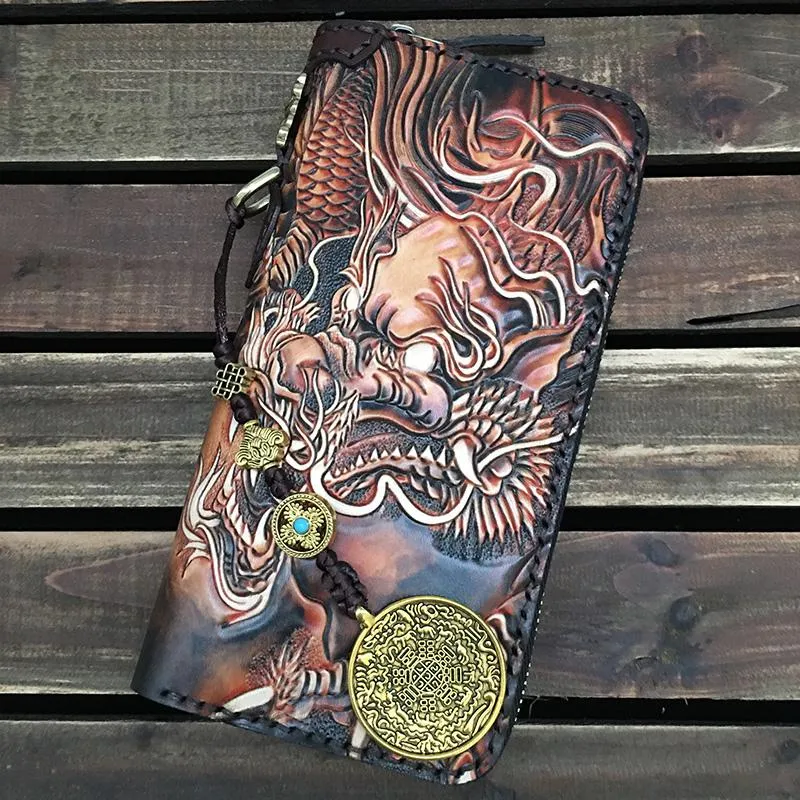 Black Handmade Chinese Dragon Tooled Leather Long Biker Wallet Chain Wallet Clutch Wallet For Men