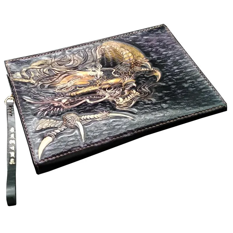 Black Handmade Tooled Leather Chinese Dragon Clutch Wallet Wristlet Bag Clutch Purse For Men