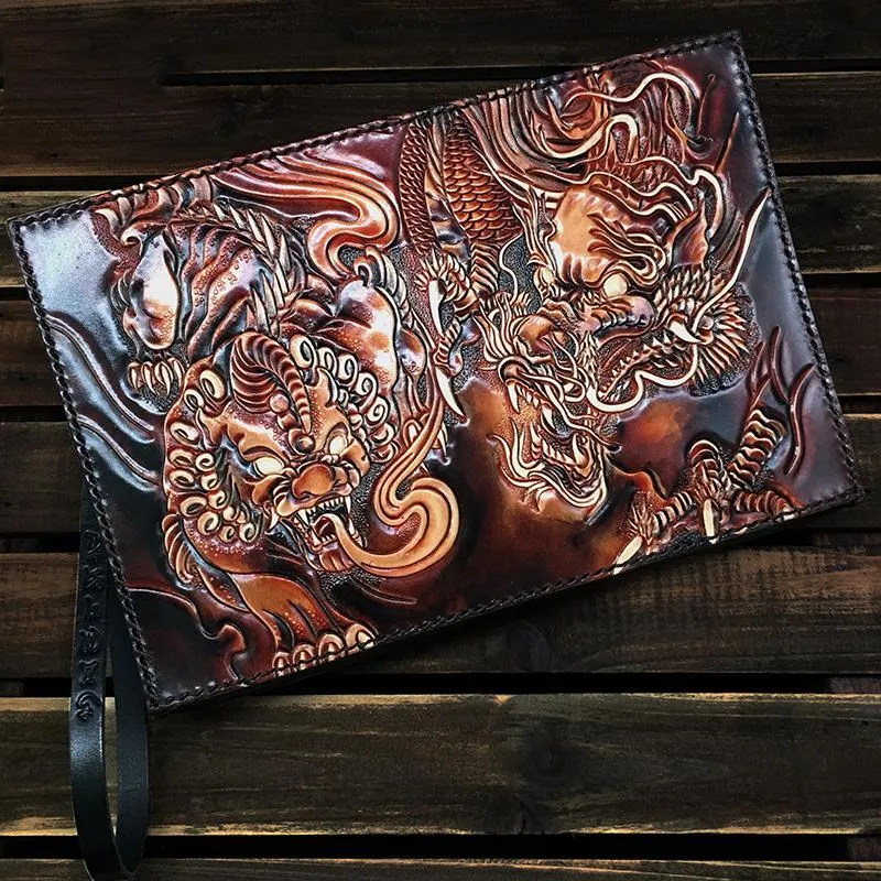 Black Handmade Tooled Leather Chinese Dragon Clutch Wallet Wristlet Bag Clutch Purse For Men