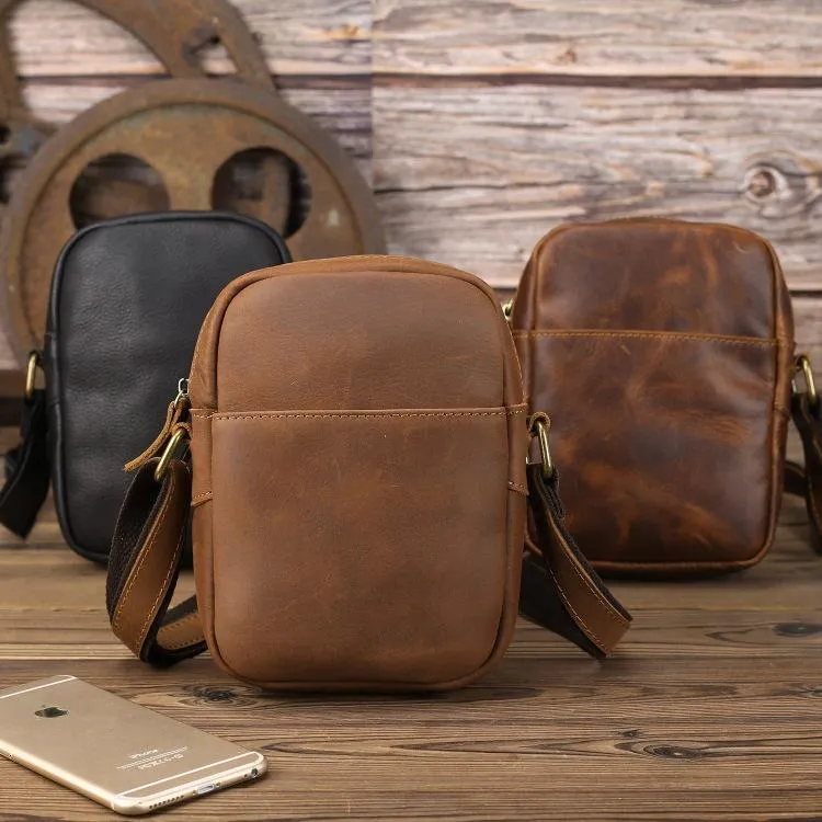 Black LEATHER MEN'S Small Side bag Brown Vertical Phone Bag MESSENGER BAG Courier Bag FOR MEN