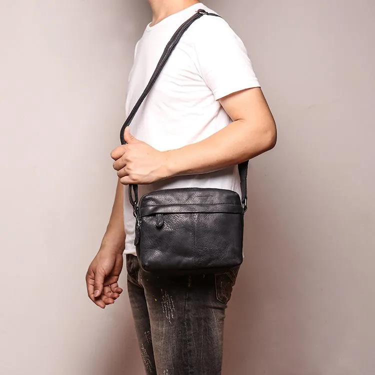 Black Leather Small Zipper Messenger Bag Courier Bag Brown Postman Bag For Men