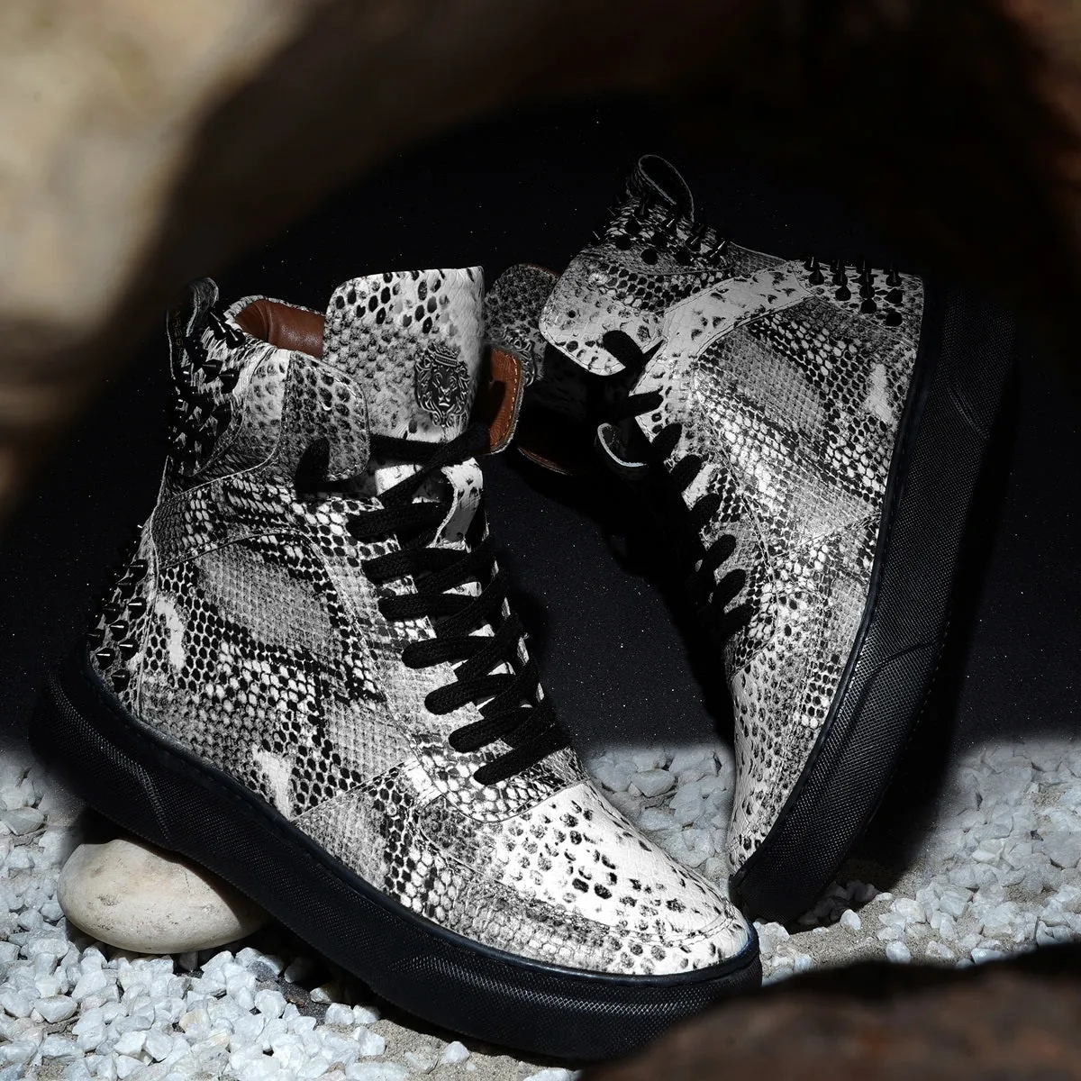 Black-White Sneaker with Stud Detailing Snake Print Leather