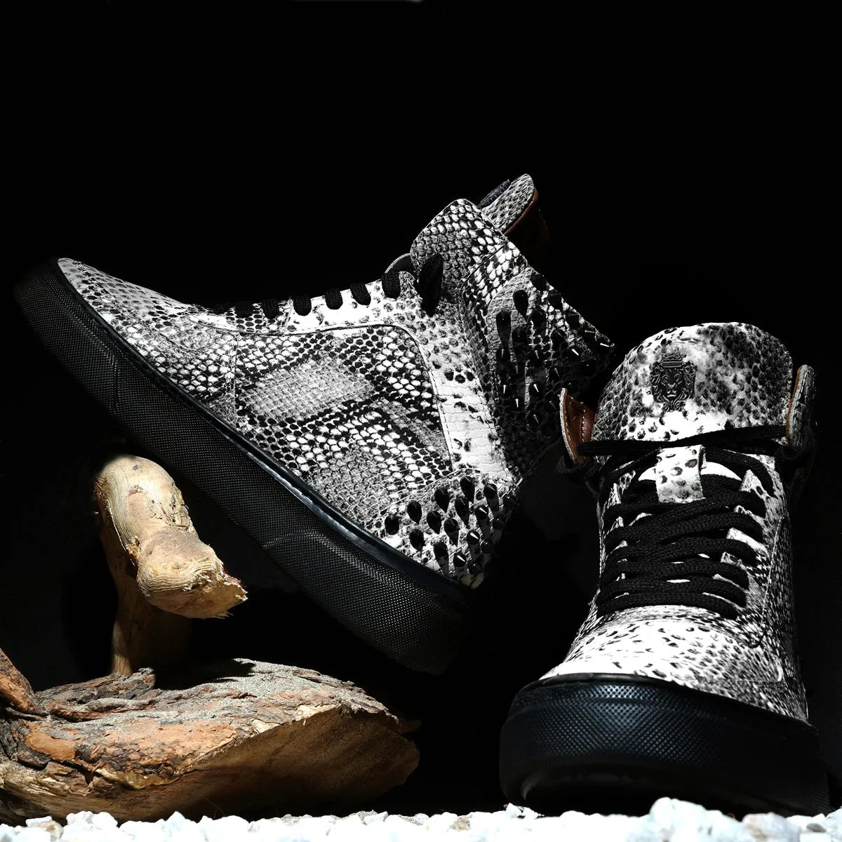 Black-White Sneaker with Stud Detailing Snake Print Leather