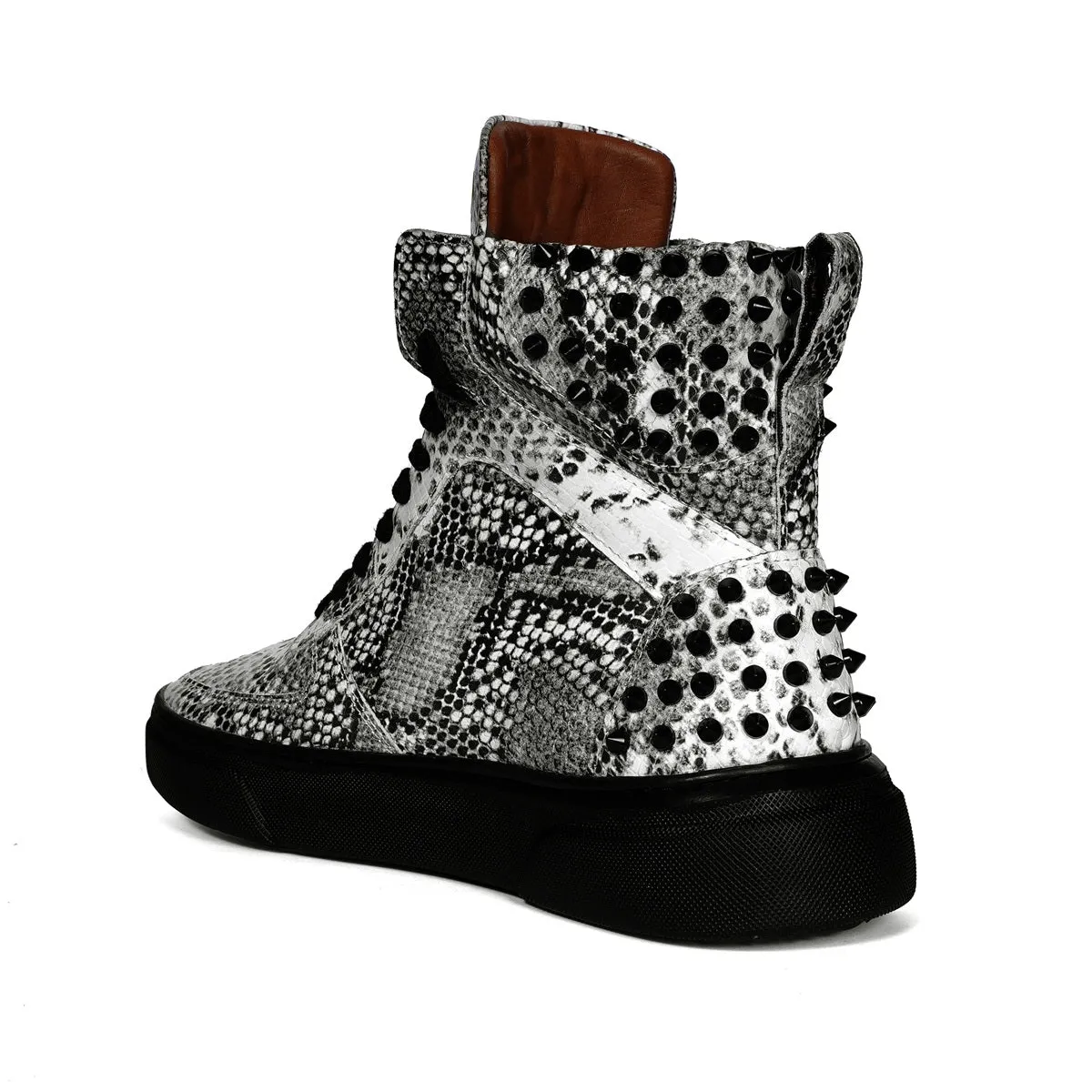 Black-White Sneaker with Stud Detailing Snake Print Leather