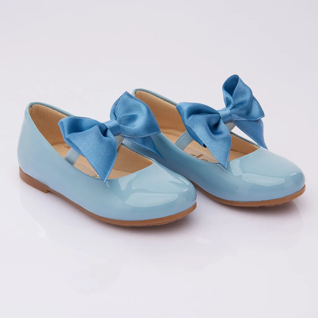 Blue Patent Elastic Bow Flats