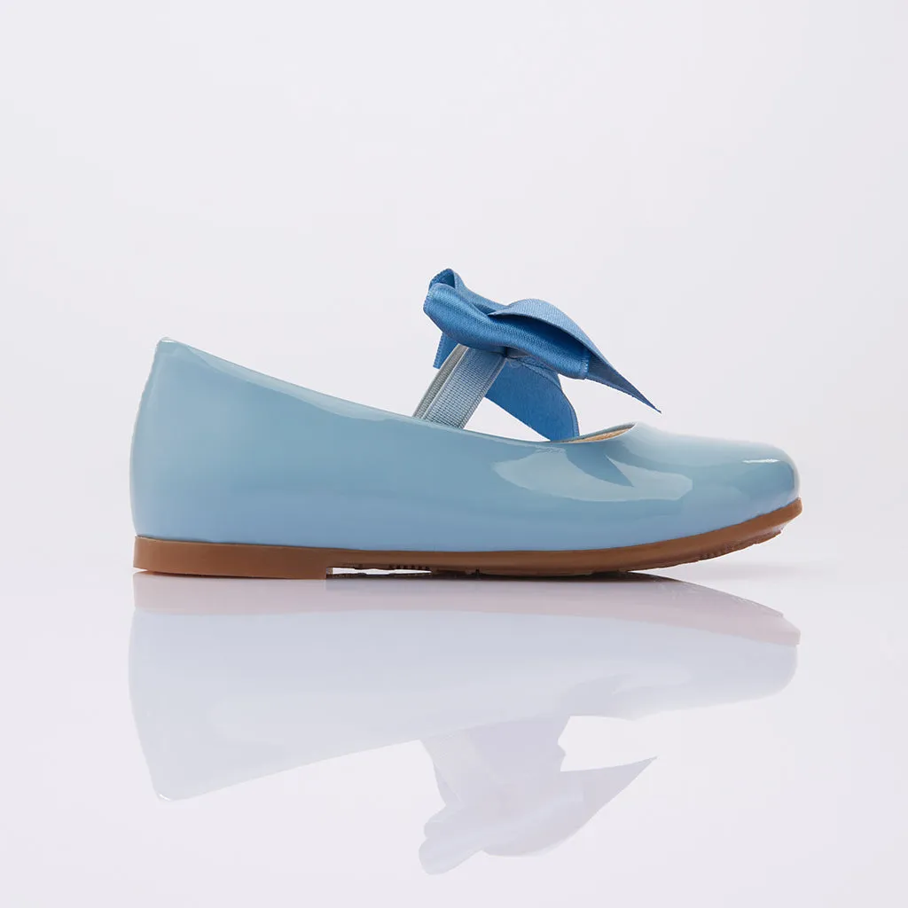 Blue Patent Elastic Bow Flats