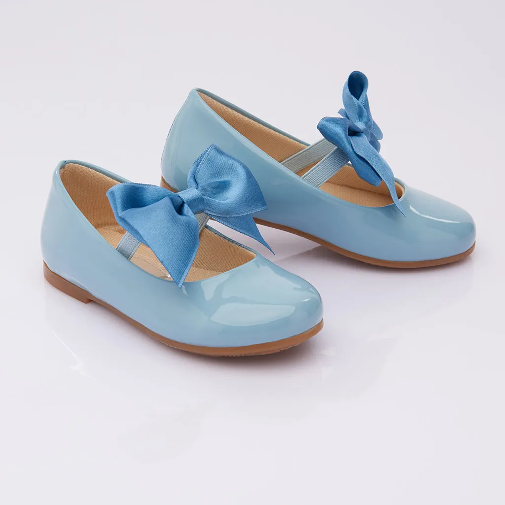 Blue Patent Elastic Bow Flats