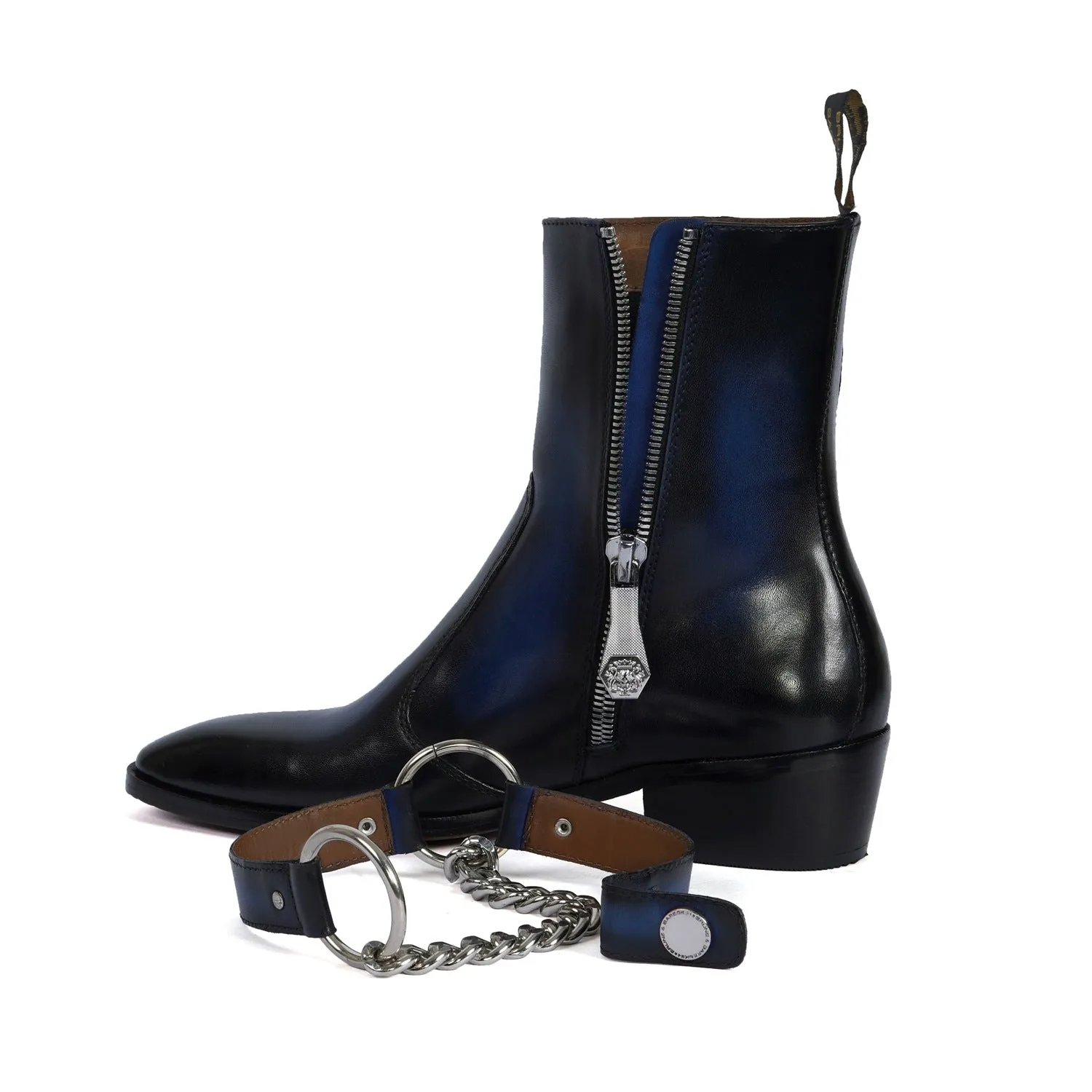 Burnished Blue Cuban Heel Boot with Removable Buckle