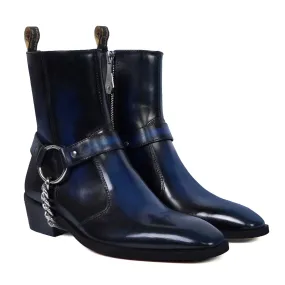 Burnished Blue Cuban Heel Boot with Removable Buckle