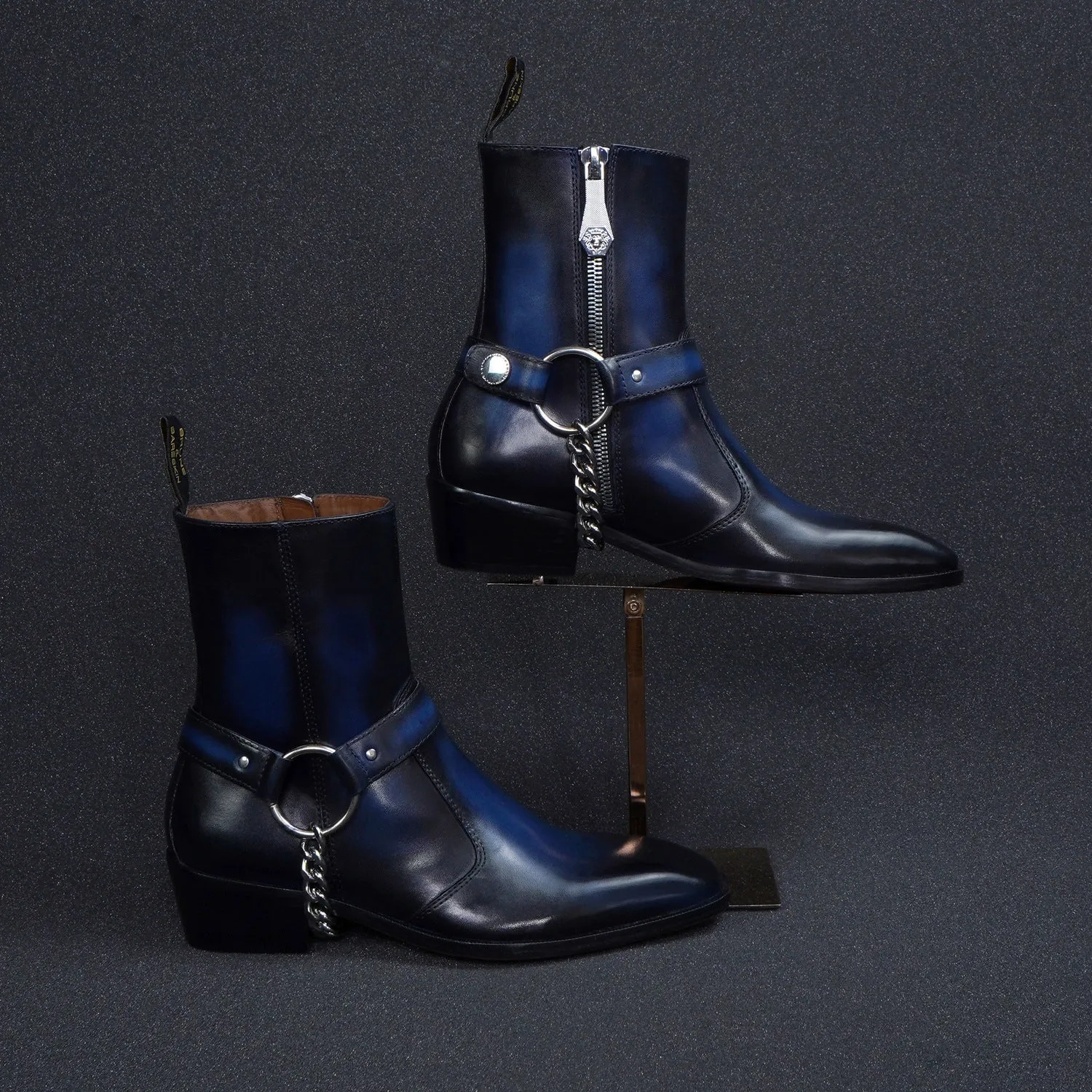 Burnished Blue Cuban Heel Boot with Removable Buckle