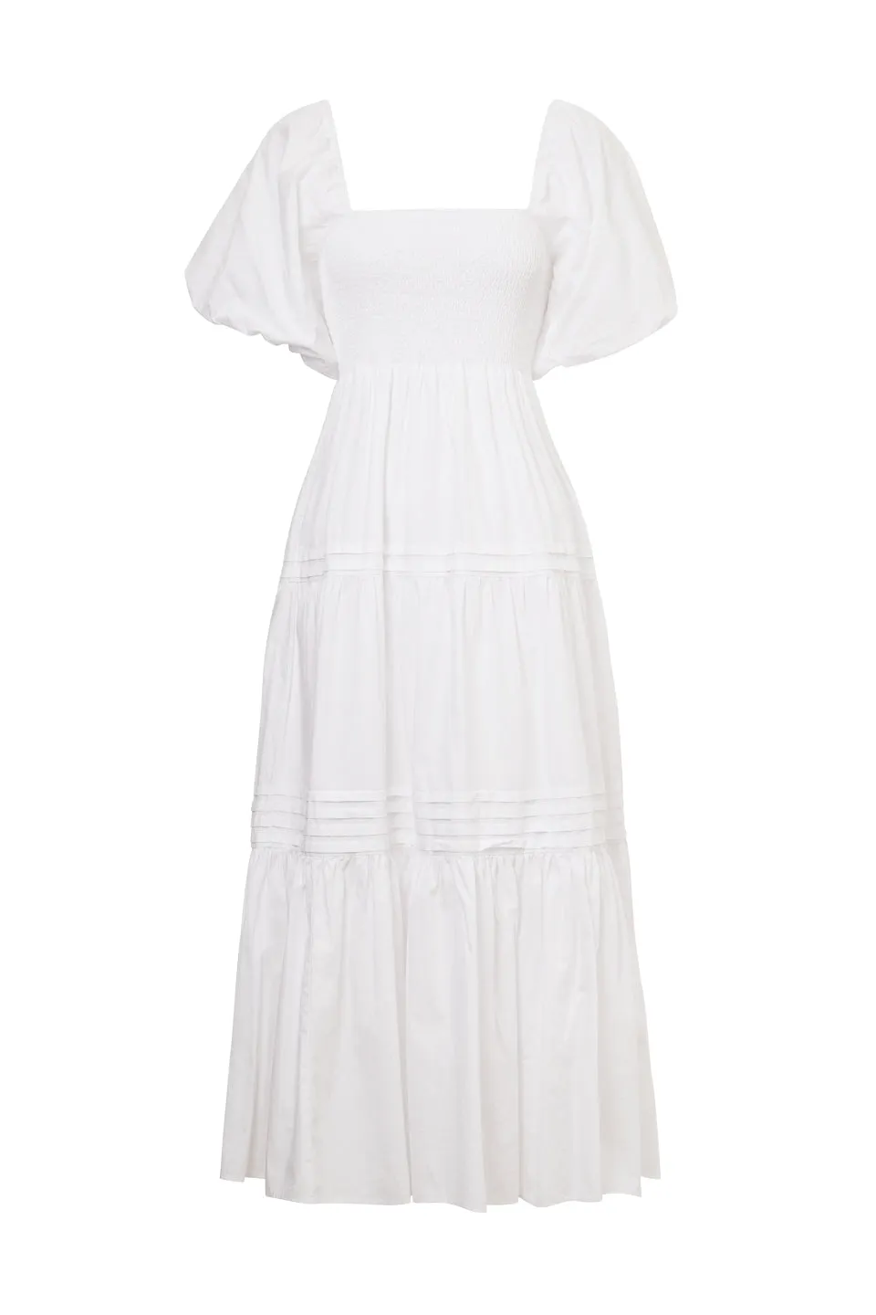 Captivate White Square Neck Bubble Slv Pleat Tiered Midi Dress