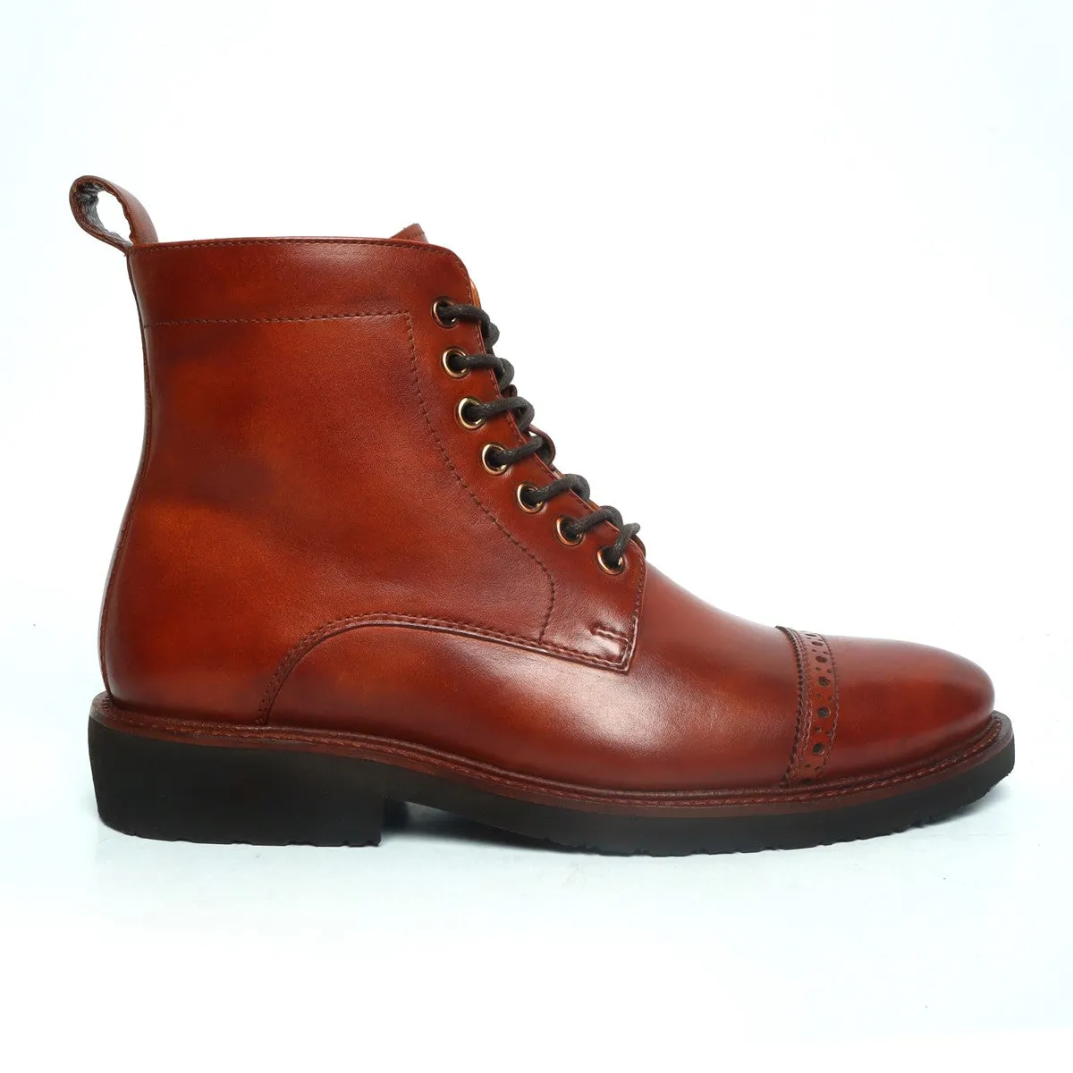 Cognac Leather Brogue Cap Toe Light Weight Boots by Brune & Bareskin