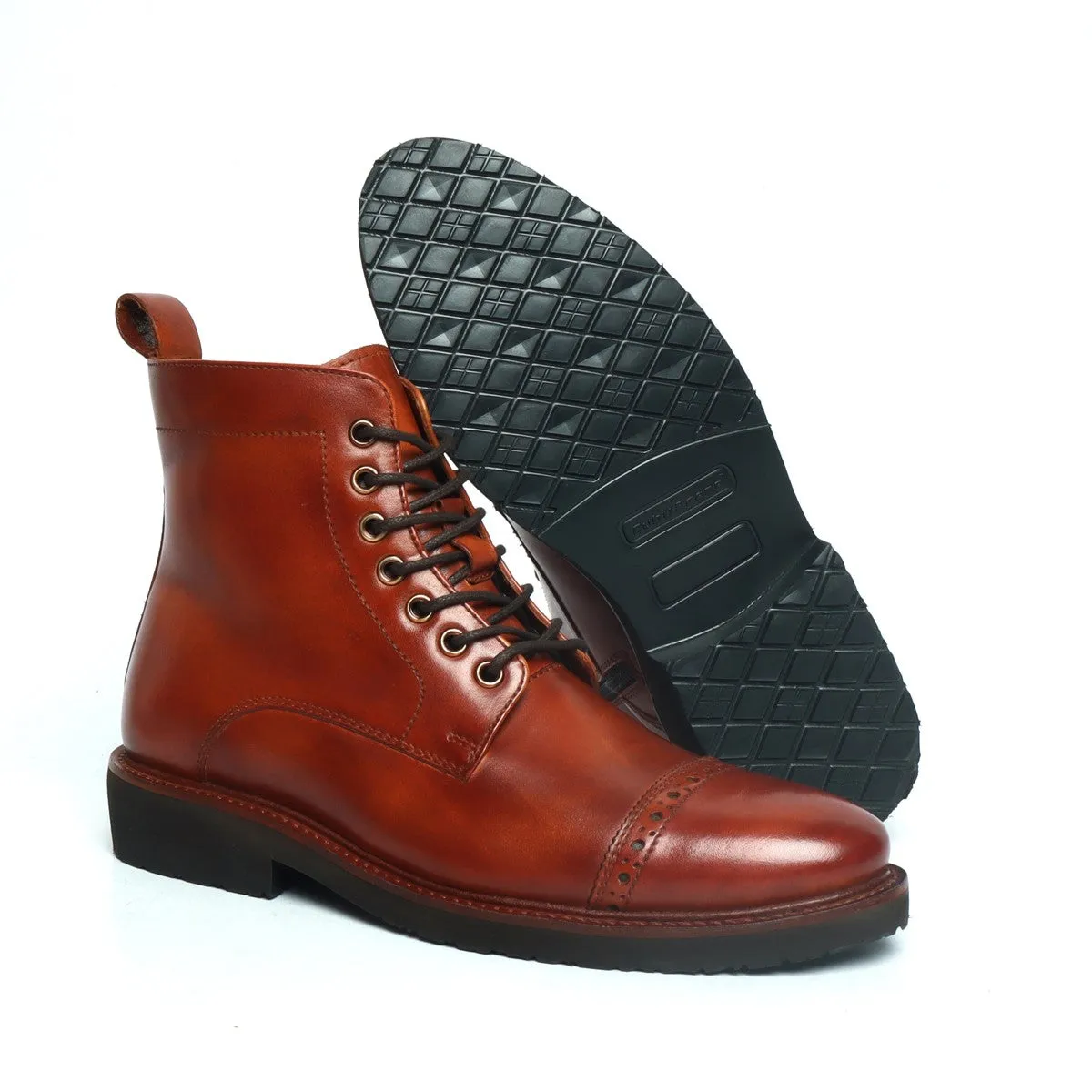 Cognac Leather Brogue Cap Toe Light Weight Boots by Brune & Bareskin