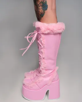 Demonia Pastel Pink Furry Winter Faux Fur Boots