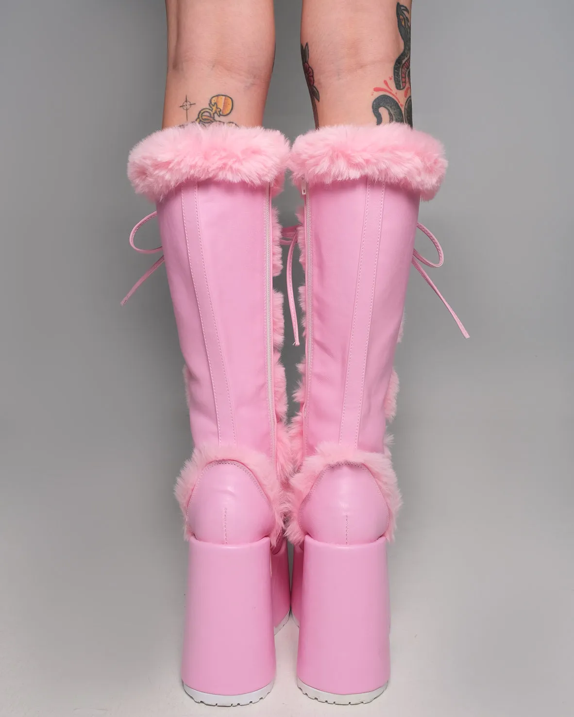 Demonia Pastel Pink Furry Winter Faux Fur Boots