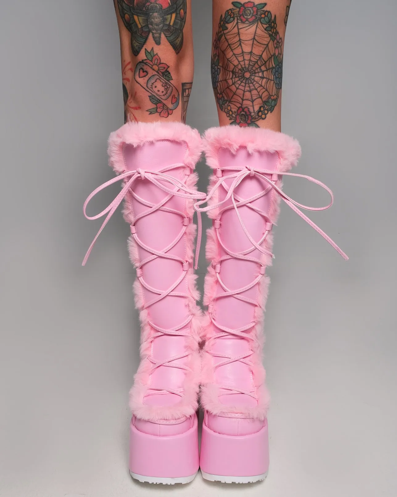 Demonia Pastel Pink Furry Winter Faux Fur Boots