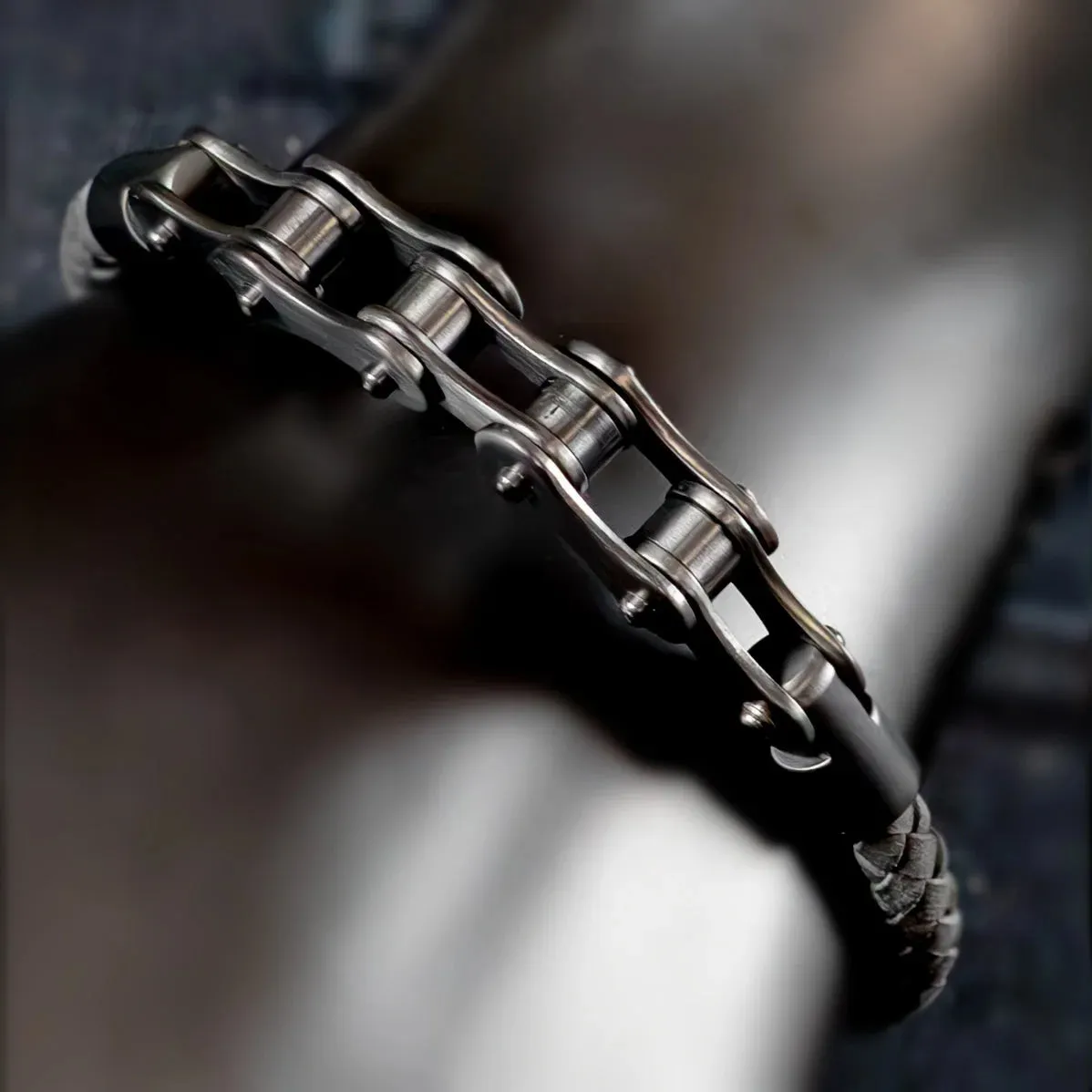 Eggert Stainless Steel & Cowhide Bicycle Chain Bracelet