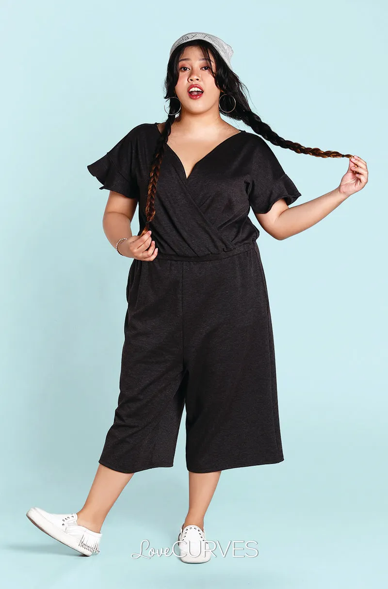 Frill Sleeves Wide Leg Cropped Jumpsuit - Dark Gray -OLI