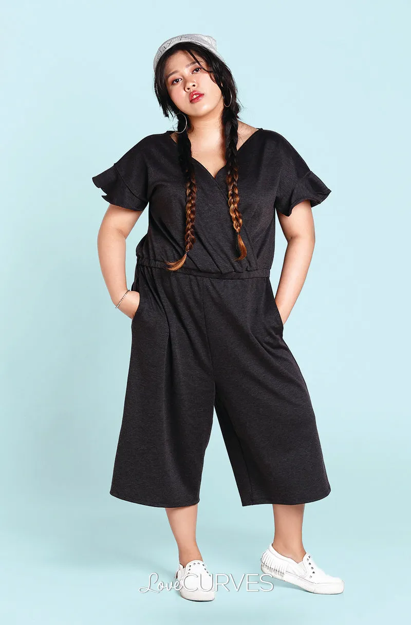 Frill Sleeves Wide Leg Cropped Jumpsuit - Dark Gray -OLI