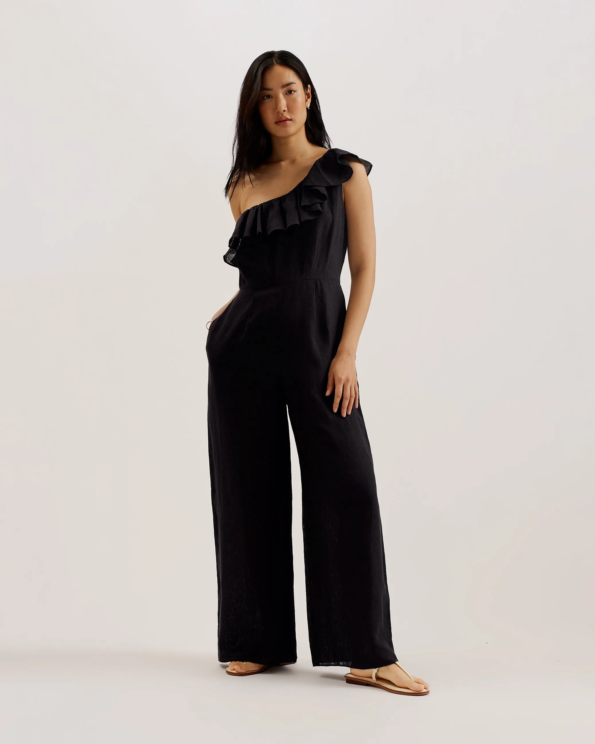 Fuji Ruffle One Shoulder Jumpsuit Black