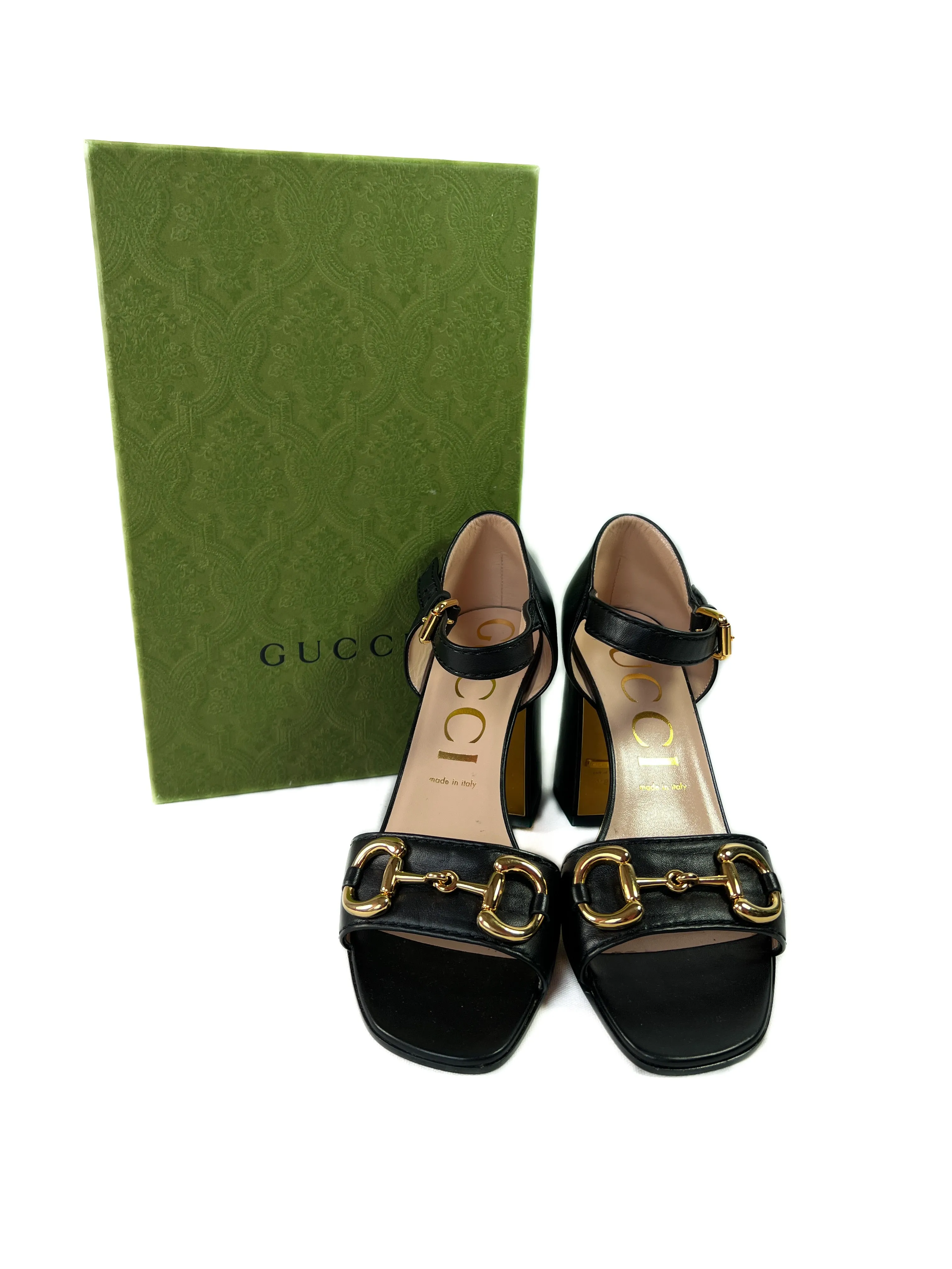 Gucci black leather horsebit heeled sandal size 39.5