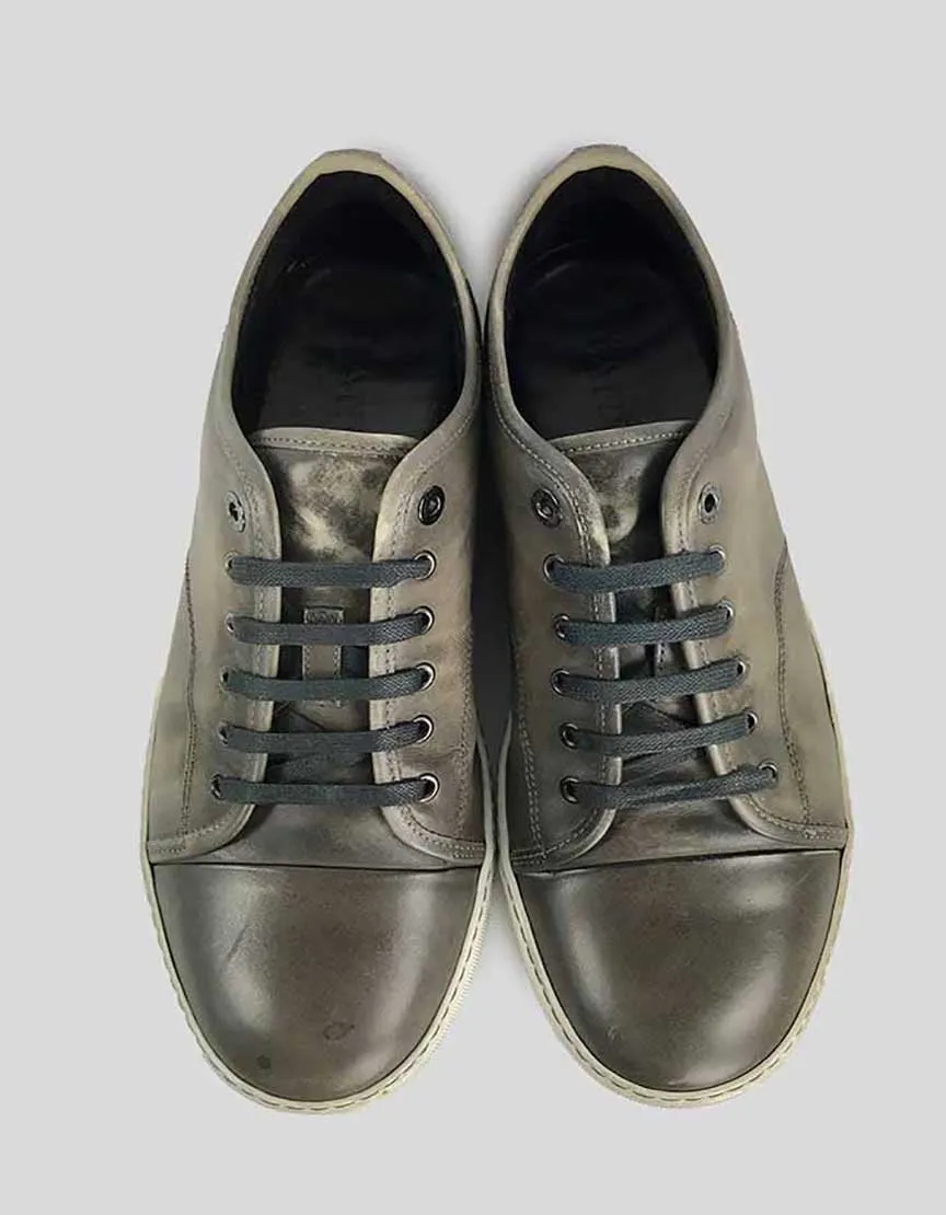 Lanvin Grey Green Distressed Leather Lace Up Sneakers Men Size 9