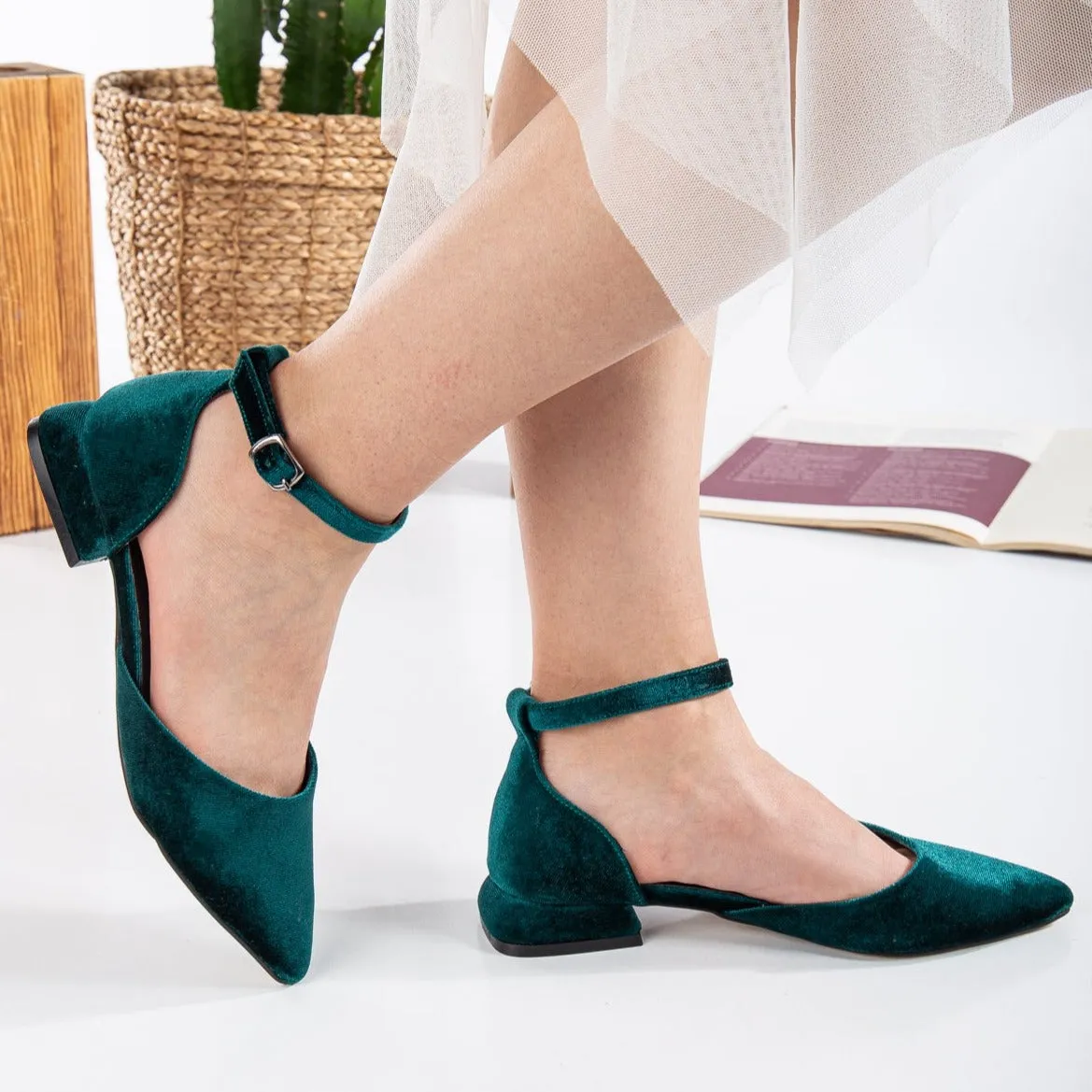 Madeline - Emerald Green Velvet Flats