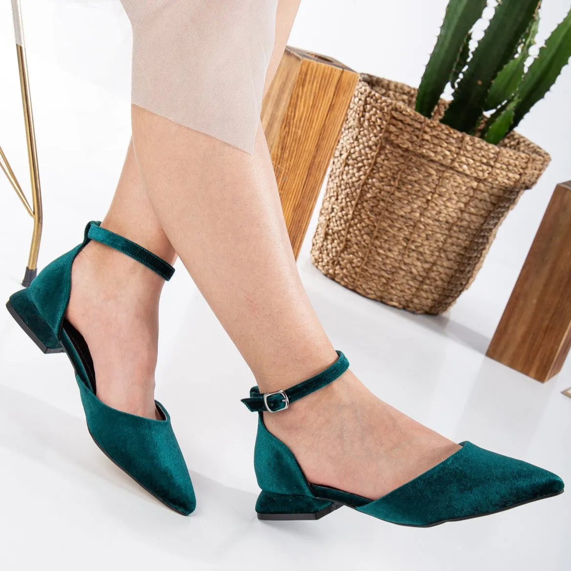 Madeline - Emerald Green Velvet Flats