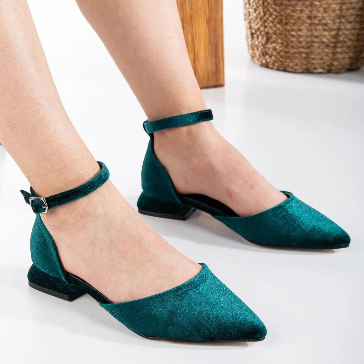 Madeline - Emerald Green Velvet Flats