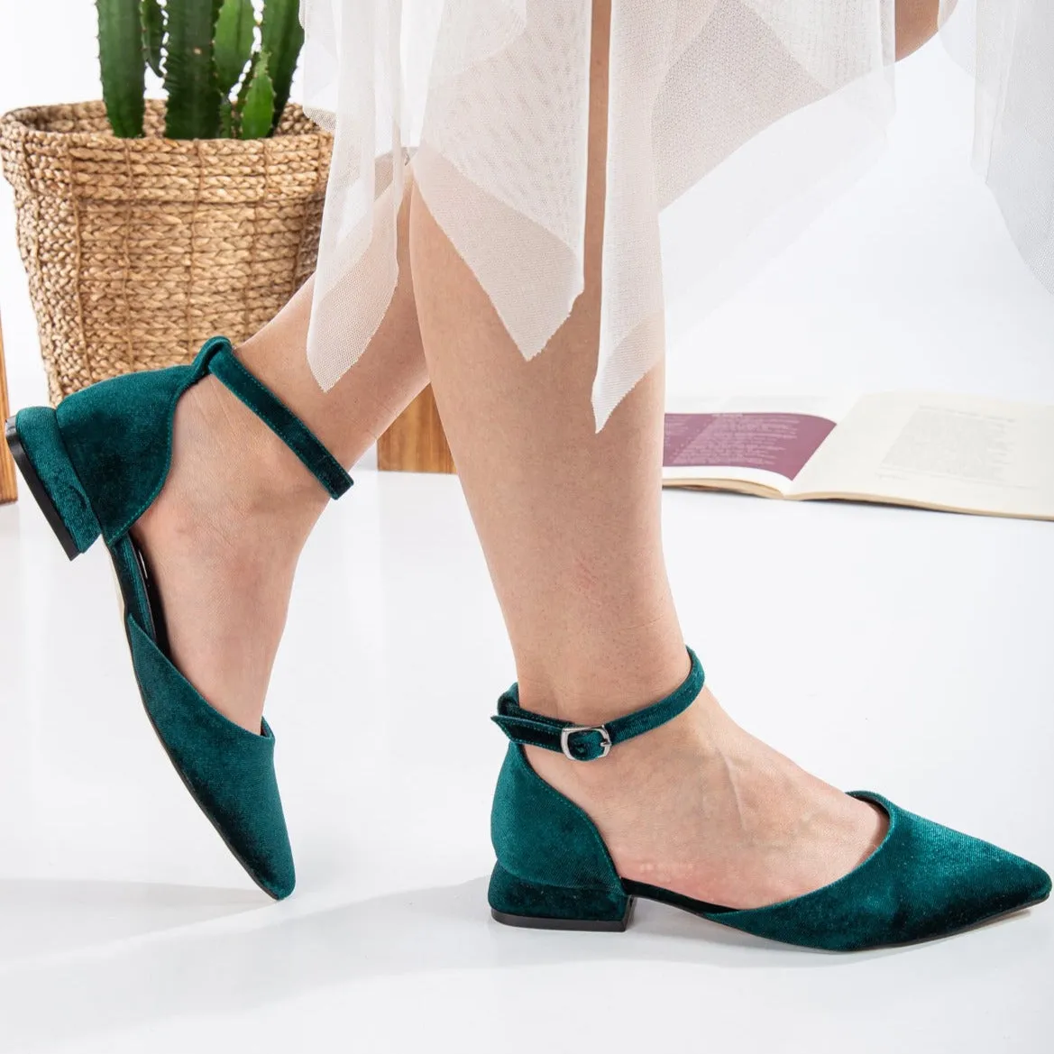 Madeline - Emerald Green Velvet Flats