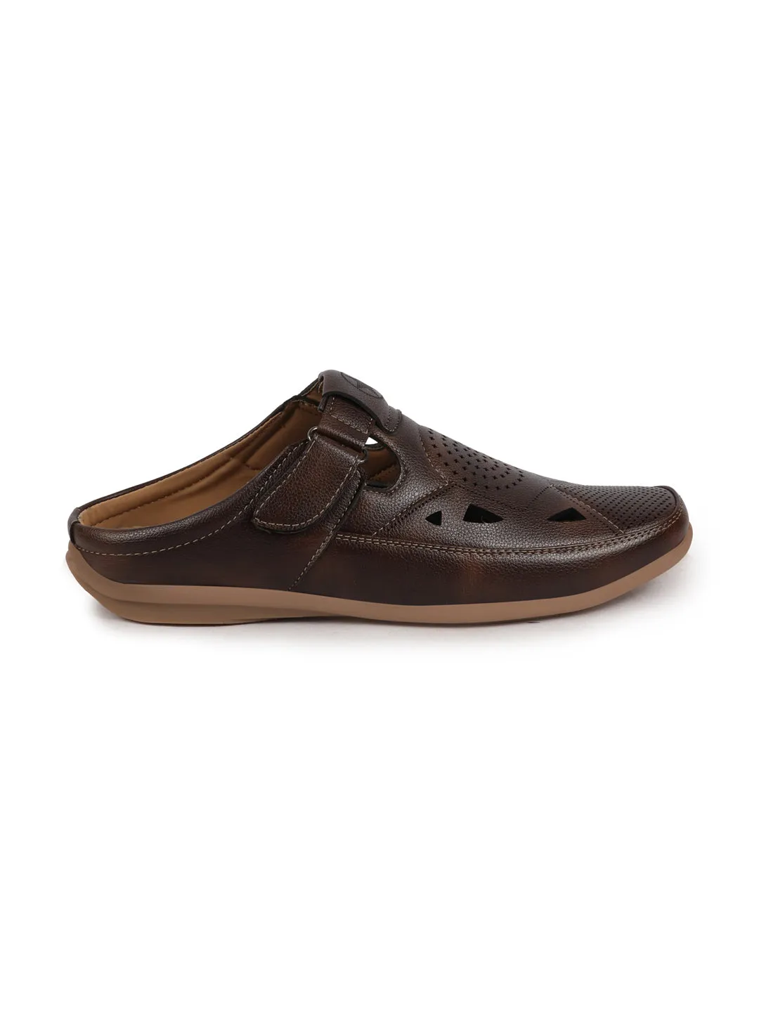 Men Brown Back Open Perforated Breathable Contrast Sole Casual Sandal|Adujstable Strap Stitched Slip On Sandal