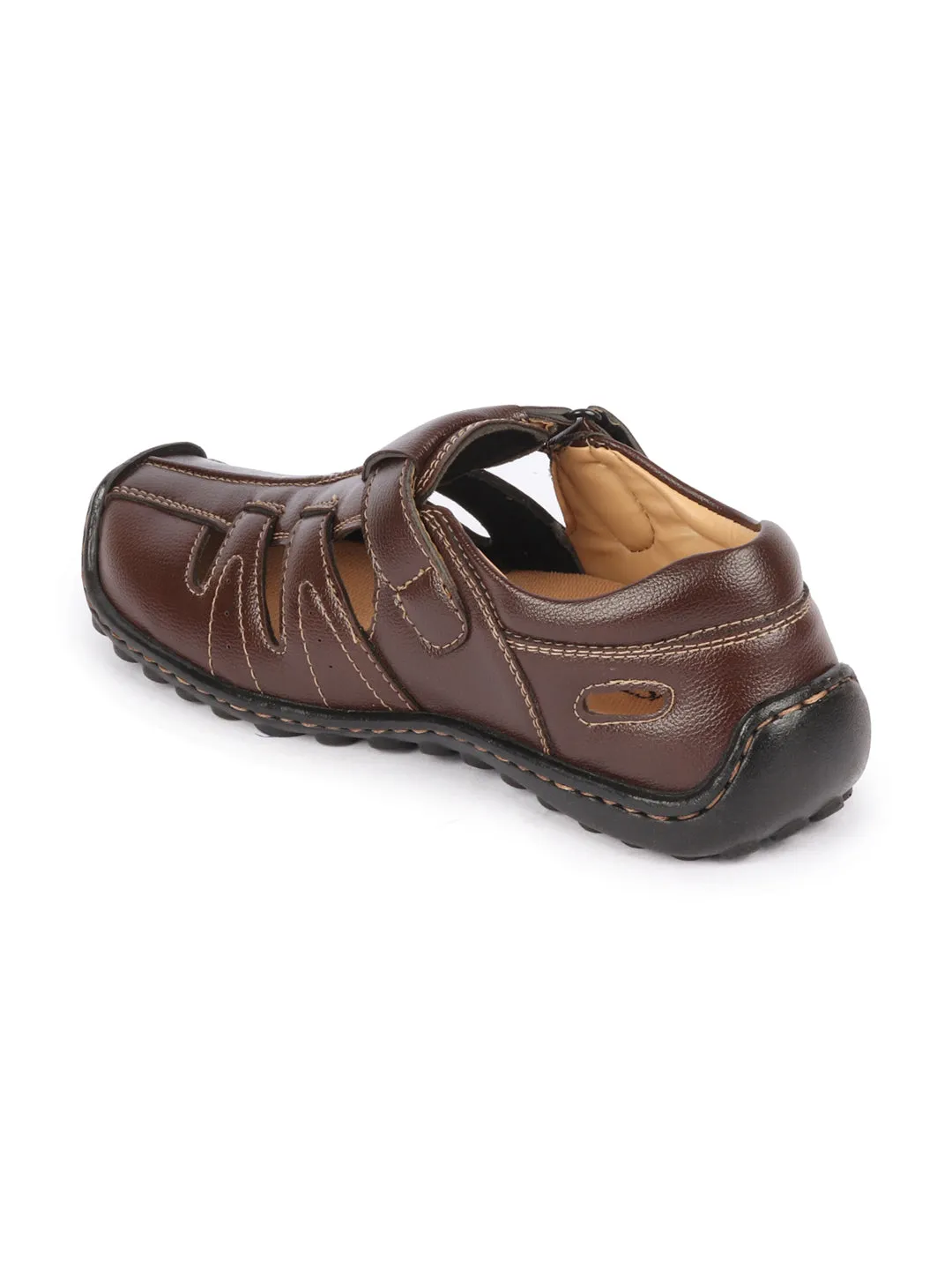 Men Brown Genuine Leather Laser Cut Design Comfort PU Pad Insole Hook and Loop Roman Sandals