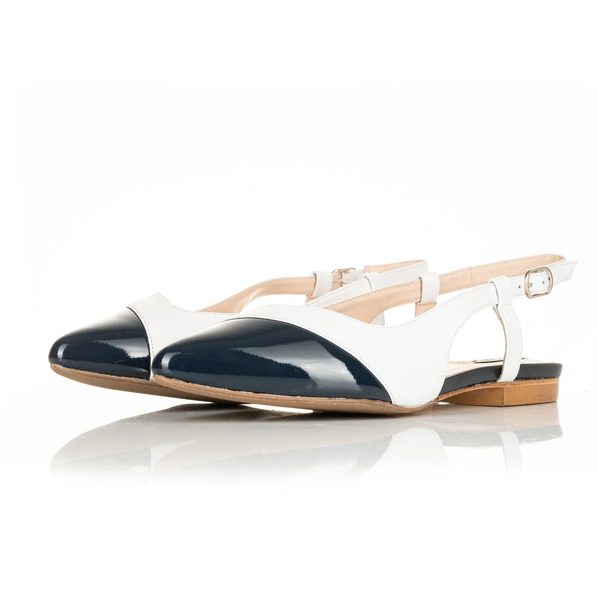 Sadie Extra Wide Fit Slingback Flats - White Leather and Navy Patent