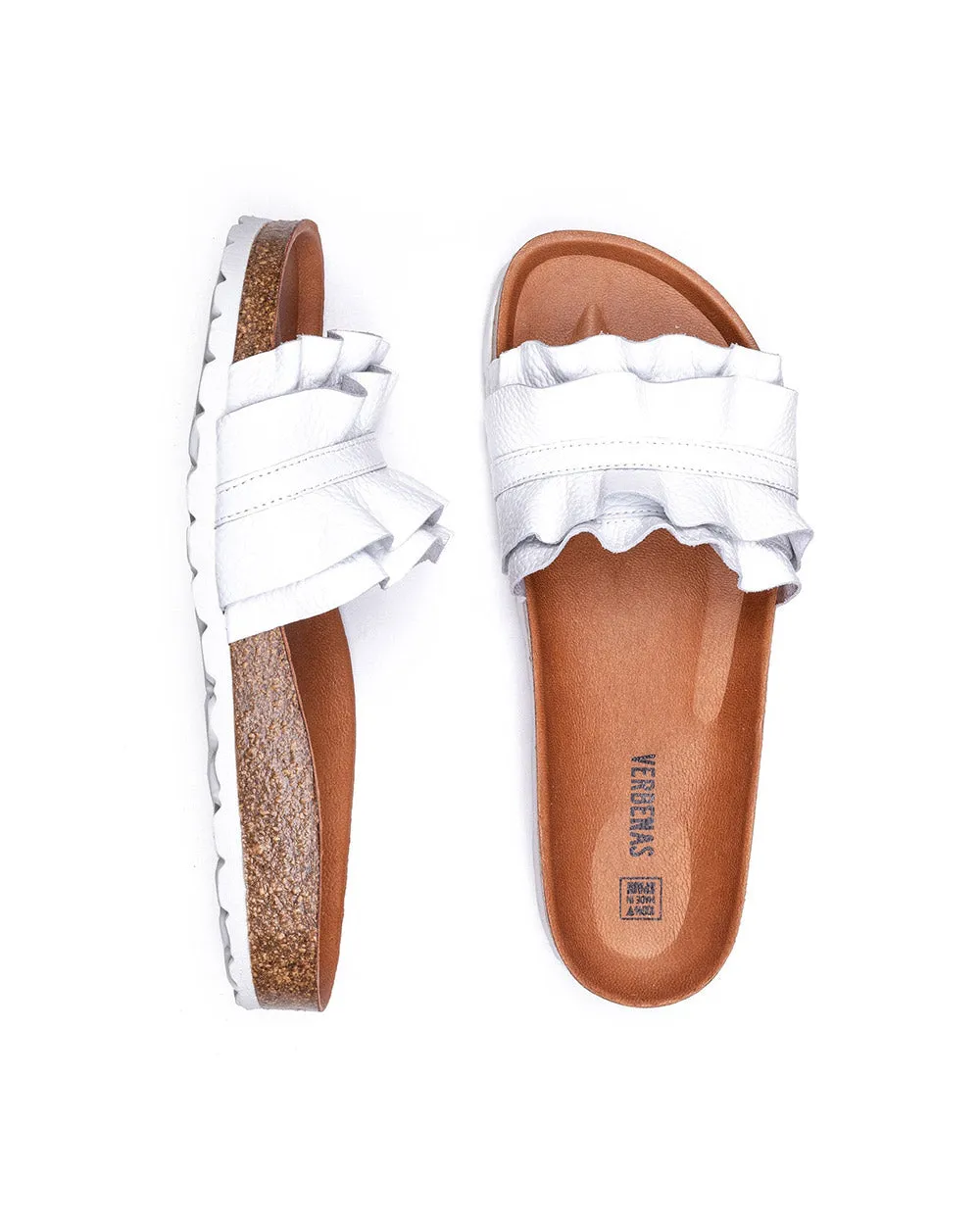 Verbenas Rocio White Leather Ruffle Slide