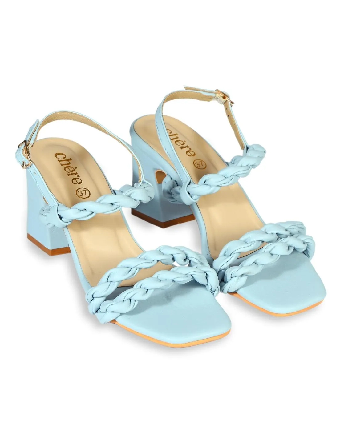 Women's Pastel Blue Weaving Strap Chunky Block Heels